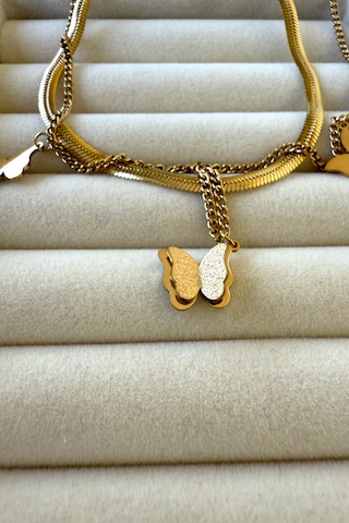 Jewels Of Hope Çift Zincirli Kelebek Motifli Kararmaz Gold Kadın Kolye 45 Cm Paslanmaz Çelik Kolye Altın