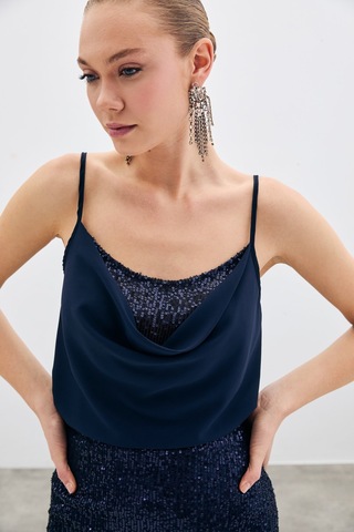 Sateen Degaje Yaka Bluz - Lacivert-135514 Lacivert