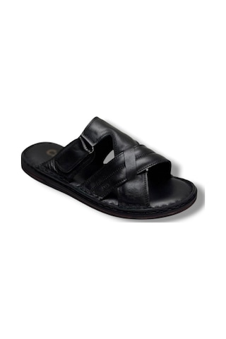 Cakgo 143-26 Hakiki Deri Ultra Soft Çapraz Bant Cırtlı Anatomik Erkek Terlik 40-47 Siyah