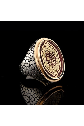 925 Ayar Gümüş Allah Lafzı Yazılı Kırmızı Mineli Erkek Yüzük Gümüş