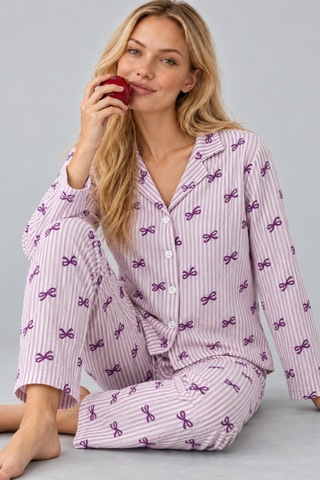 Kadın Gömlek Yaka Desenli İkili Mor Pijama Takımı 4810