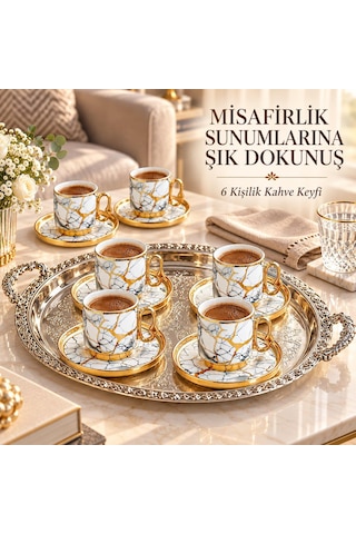Valkyrie 12 Parça 6 Kişilik 80 Ml Türk Kahvesi Fincan Takımı Gold Mermer Desenli