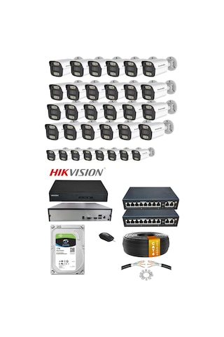 32'li Ip Kamera Seti Poe Hikvision Nvr İç/dış Mekan Gece Görüş Ses Kayıt Mobil İzleme 1tb Hdd Full Set