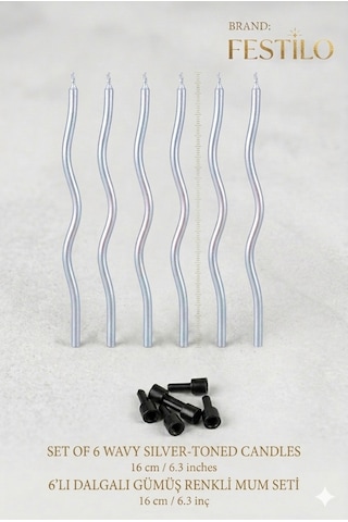 6 Lı Kıvrımlı Mum Gümüş Pasta Süsü Spiral Mum Pasta Mumları 16 Cm