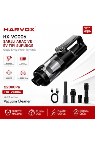 Harvox Hxvc-006 Araç İçi Profesyonel Süpürge 22.000pa Güçlü Vakum Ve Üfleme Süpürge Siyah 22000pa