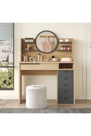 Paris Makyaj Masası Aynalı Çekmeceli Şifonyer Raf Sepet-antrasit