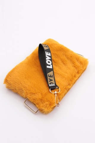 Dgn 4103 Kadin Kürklü Sapi Yazili Çanta 4103-2337-R0633 Hardal