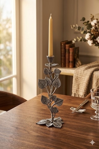 Leaf Candle Holder Nıckel Antıque 16,5x16,5x35,5 Cm 2 Gümüş