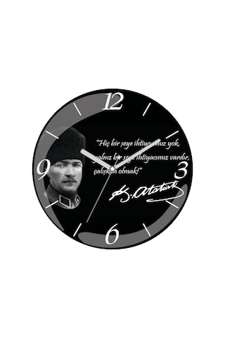Atatürk Çalışmak Sessiz Akar Bombeli Gerçek Cam Duvar Saati Siyah
