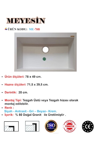 Meyesin ME-78 Granit Tek Gözlü Mutfak Evyesi Beyaz 78 x 49 CM