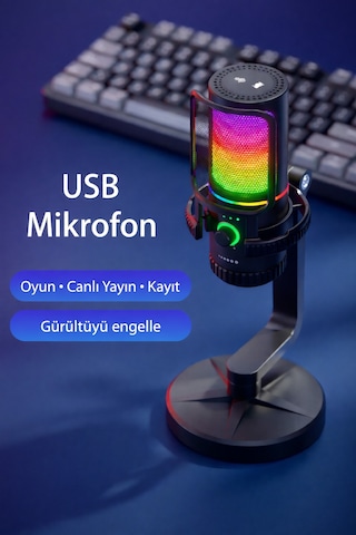 Exenar - Siyah - Condenser Yayıncı Mikrofonu Profesyonel Rgb Pc/ps4/ps5 Gamer Oyuncu Tiktok Youtube İnstagram Mikrofon