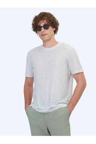 Kip Gri Çizgili %100 Keten T-shirt
