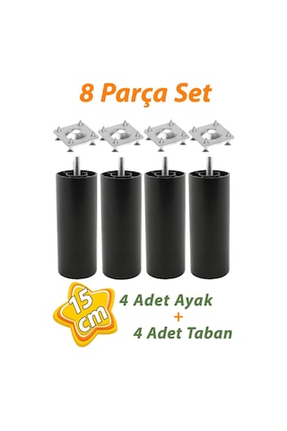 4 Adet Destek Ayağı 15 Cm Siyah Ve 4 Adet Düz Ayak Tabanı M8 Civatalı İnce Diş Mobilya Kanepe Baza Seti