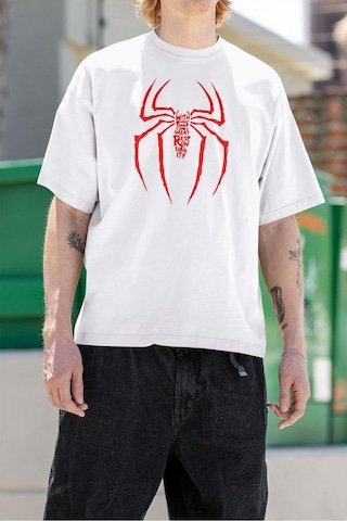 Havalı Spider-man Logo Baskılı Unisex Oversize Tişört Beyaz