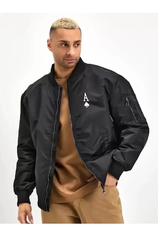 Hazego Unisex Uzun Kol Baskılı Bomber Ceket - Siyah
