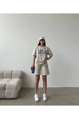Usa T-shirt Şort - Alt Üst Takım Şort Tişört Kombin Baskılı Bisiklet Yaka Bej