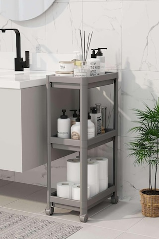 3 Katlı Tekerlekli Raf Ünitesi - Banyo & Mutfak Organizer - Çok Amaçlı Servis Sehpası - Dar Alanlar İçin Pratik Saklama Çözümü Gri