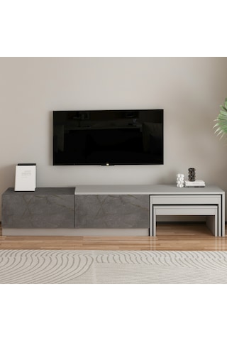 Nest Tv Sehpası Modern Tasarım,2 Kapaklı Depolama Ve İkili Zigon Sehpa İle Fonksiyonel Mobilya Gri