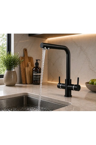Lüx 2'li Set Krom Sabit Lavabo Bataryası Ve 3 Yollu Arıtma Musluğu Mutfak Bataryası Çeşmesi Musluğu Krom-siyah