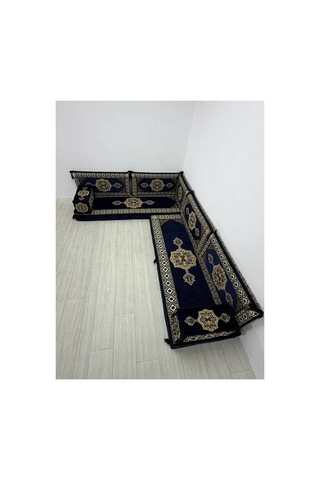 Güneş Modeli Lacivert Otantik Şark Köşesi Takımı L Set - Geleneksel Yer Minderi Seti 10 Cm Minder Kalınlığı 9 Parça