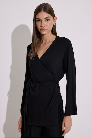 Bağlamalı Dökümlü Kimono Siyah Siyah