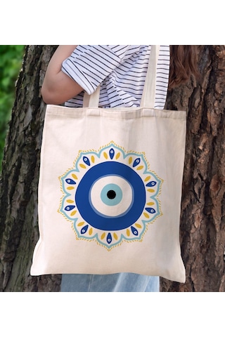 Bk Gift Nazar Boncuğu Tasarımlı Kanvas Bez Çanta, Baskılı Omuz Çantası, Alışveriş Çantası, Plaj Çantası, Arkadaşa Hediye-1 Sarı