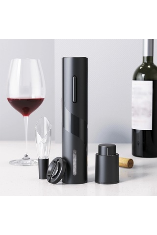 Fortunelane Siyah Plastik Elektrikli Şarap Açıcı Seti - Kutu Paketi, Folyo K Bıçaklı, Pilli, Mutfak Kullanıma Uygun, Kolay Kulla