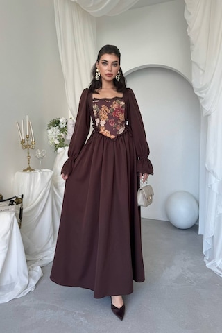 Nils Boutique Vintage Korsajlı Midi Elbise Kahverengi