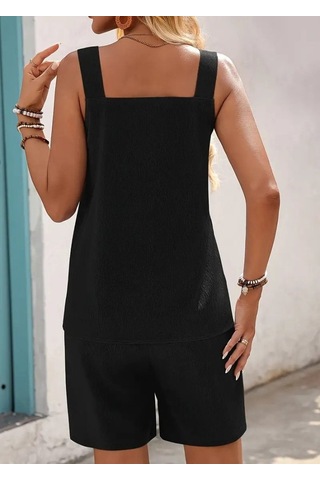 Sensuelle Kadın Askılı Yuvarlak Yaka Kuş Gözü Detaylı Bürümcük Bluz Ve Short Ikili Takım Siyah