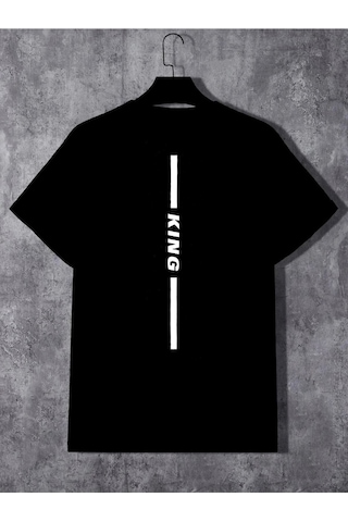 King Sırt T-shirt Şort - Siyah Alt Üst Kombin Şort Tişört Takım Baskılı Oversize Bisiklet Yaka Siyah