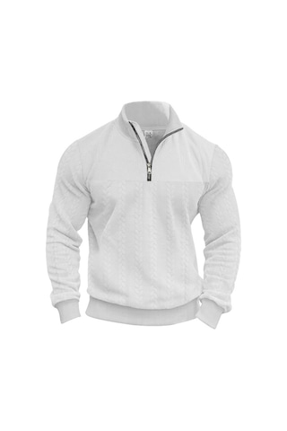 Amerikan Retro Gündelik Dik Yaka Fermuarlı Kazak Gevşek Örme Ağır Dikiş Jakarlı Sonbahar Ve Kış Uzun Kollu Kazak Beyaz