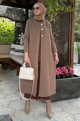 Sinem Çelik Örme Triko Hırka Sütlü Kahve Çok Renkli