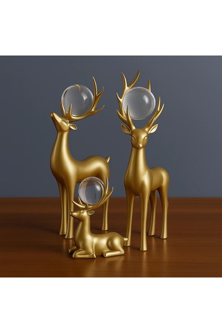 Gold Boynuzlu 3 Lü Dekoratif Geyik Kristal Küre 32 X 15