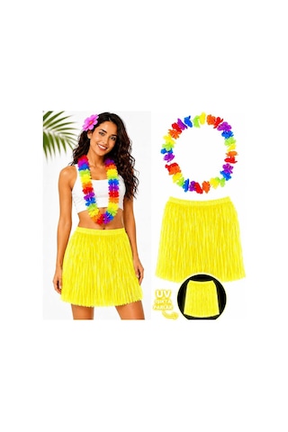 Neon Sarı Hawaii Etek 40 Cm Ve Rengarenk Hawaii Kolye Evimdeyokyok