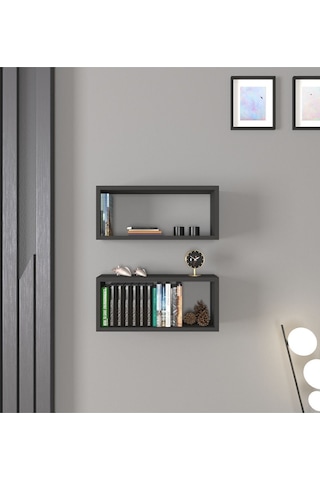 Stiva 2'li Dikdörtgen Ahşap Duvar Rafı Uçan Raf Banyo Mutfak ... Antrasit