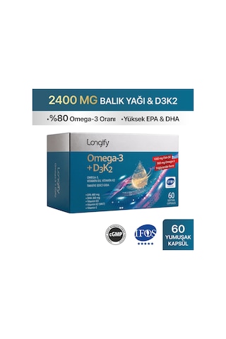 Longify Omega 3 + D3K2 IFOS Onaylı Yüksek EPA & DHA Vitamin D3 Vitamin K2 MK7 Vitamin E Balık Yağı 60 Yumuşak Kapsül