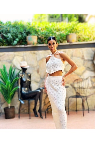 Kadın Örgü Desenli Crop Top Ve Etek Takımı Beyaz