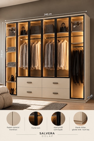 Free Home Salvera Kum Beji Mdf Gardırop Elbise Dolabı 240x218x57 Kumbeji