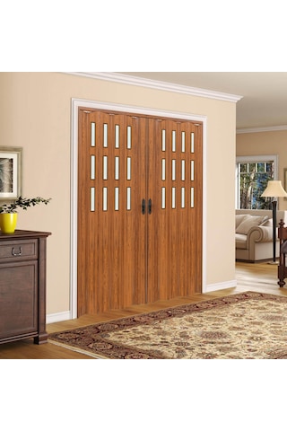 Faran Dekorasyon 170 x 215 Ceviz Renk Camlı Çift Açılım Pvc Akordiyon Kapı - FRNAKMODEL-0-155