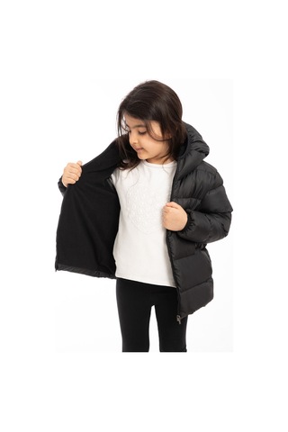 Kız Çocuk Siyah İçi Polarlı Kapüşonlu Su Geçirmez Rüzgara Dayanıklı Şişme Kışlık Mont & Kaban Siyah