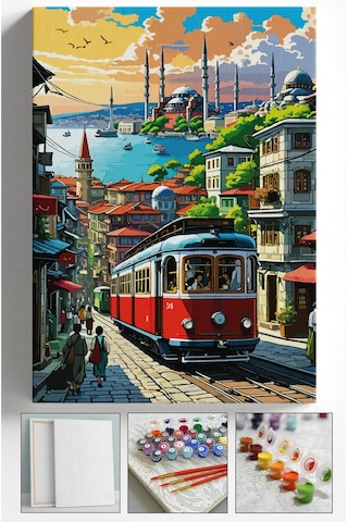 Sayılarla Boyama Çerçeveli Hobi Seti Numaralı Tuval Fırça Boya Dahil Kasnaklı İstanbul 40x50 Cm