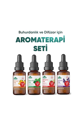 Arifoğlu Aromaterapi 4'lü Uçucu Yağ Seti Portakal Lavanta Okaliptus Nane Yağı Buhurdanlık Difüzör İçin %100 Saf Bitkisel Esansiyel Yağ Seti 4x20 Ml 80 G