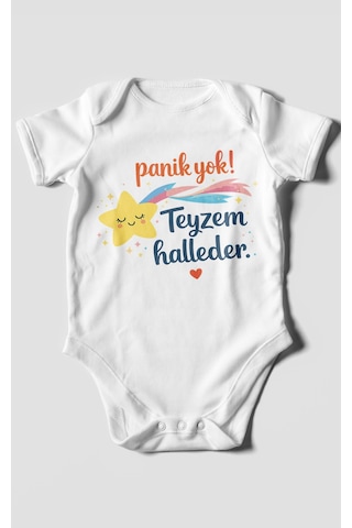 Morivokids Panik Yok Teyzem Halleder Kısa Kollu Bebek Body %100 Pamuk Beyaz