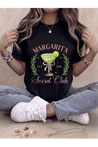 Margarita Baskılı Oversize Kompak T-shirt Siyah