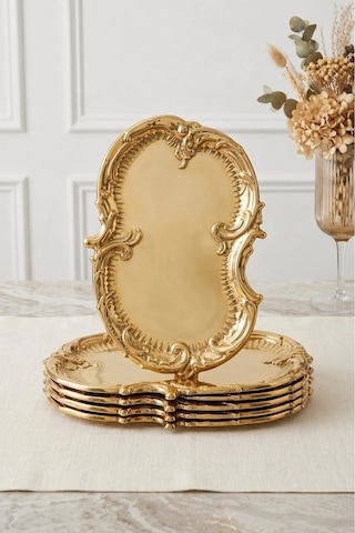 6'lı Bulut Gold İşlemeli Vintage Tepsi,şık Servis Tabağı-sunum Tepsisi Sunumluk 31 Cm Altın