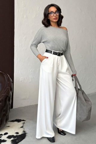 Ckm Moda Lune Yüksek Bel Bol Paça Saten Pantolon Krem
