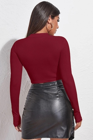 Moda Dua Kadın Bordo Göğüs Dekolteli Uzun Kollu Cut Out Crop Top Bluz