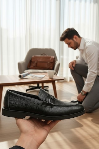Enoch Hakiki Deri Siyah Dokulu Bağcıksız Erkek Klasik Loafer Siyah