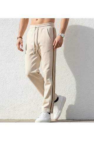 Plus Scorpion Erkek Slim Fit Eşofman Altı Yan Şeritli Pamuklu Bej