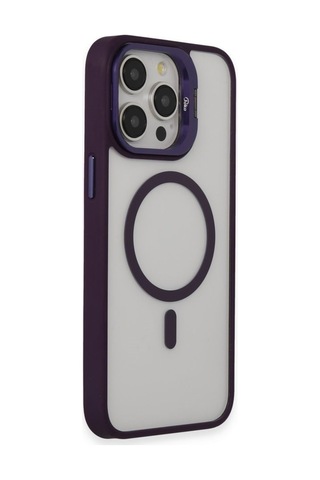 Apple iPhone 15 Pro Uyumlu Kılıf Ve Lens Magsafe Standlı Kamera Camlı Kapak Mor